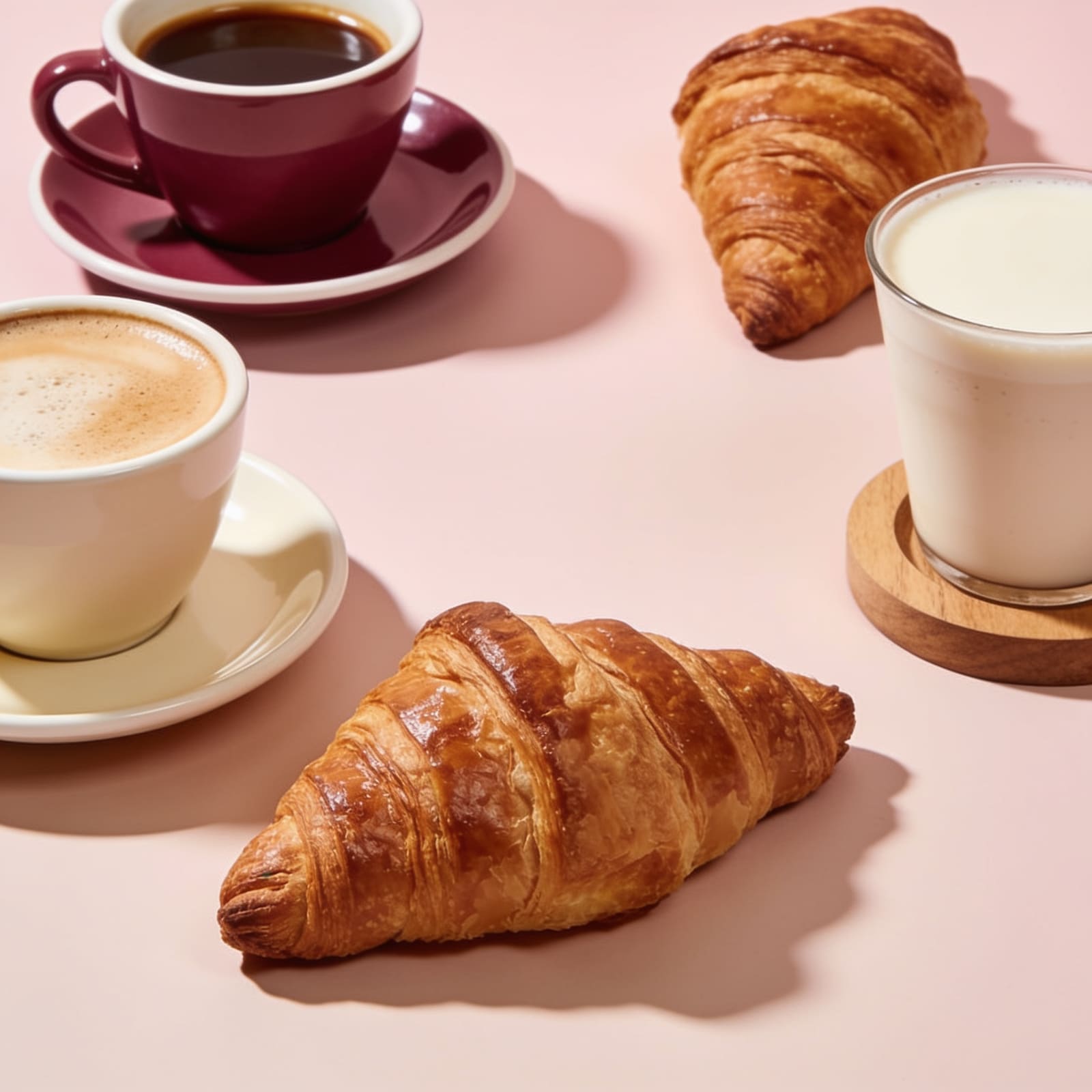 Espresso, cappuccino, flat white e cornetti artigianali su un tavolo